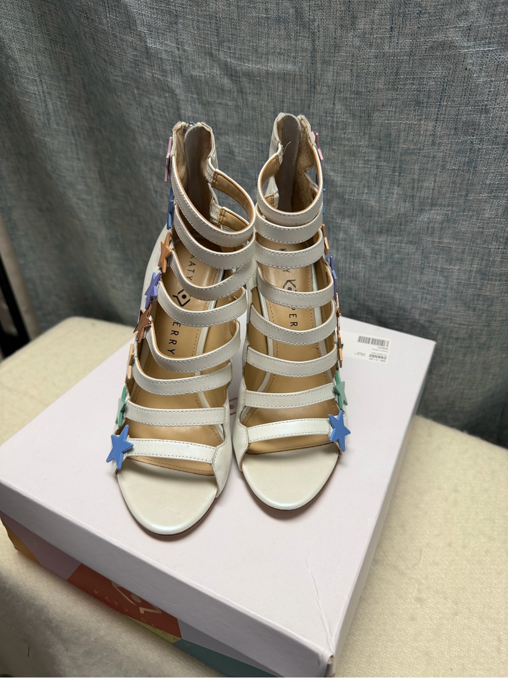 Katy Perry Collections White Strappy Heels with Multicolored Star Embellishments - Picture 2 of 4